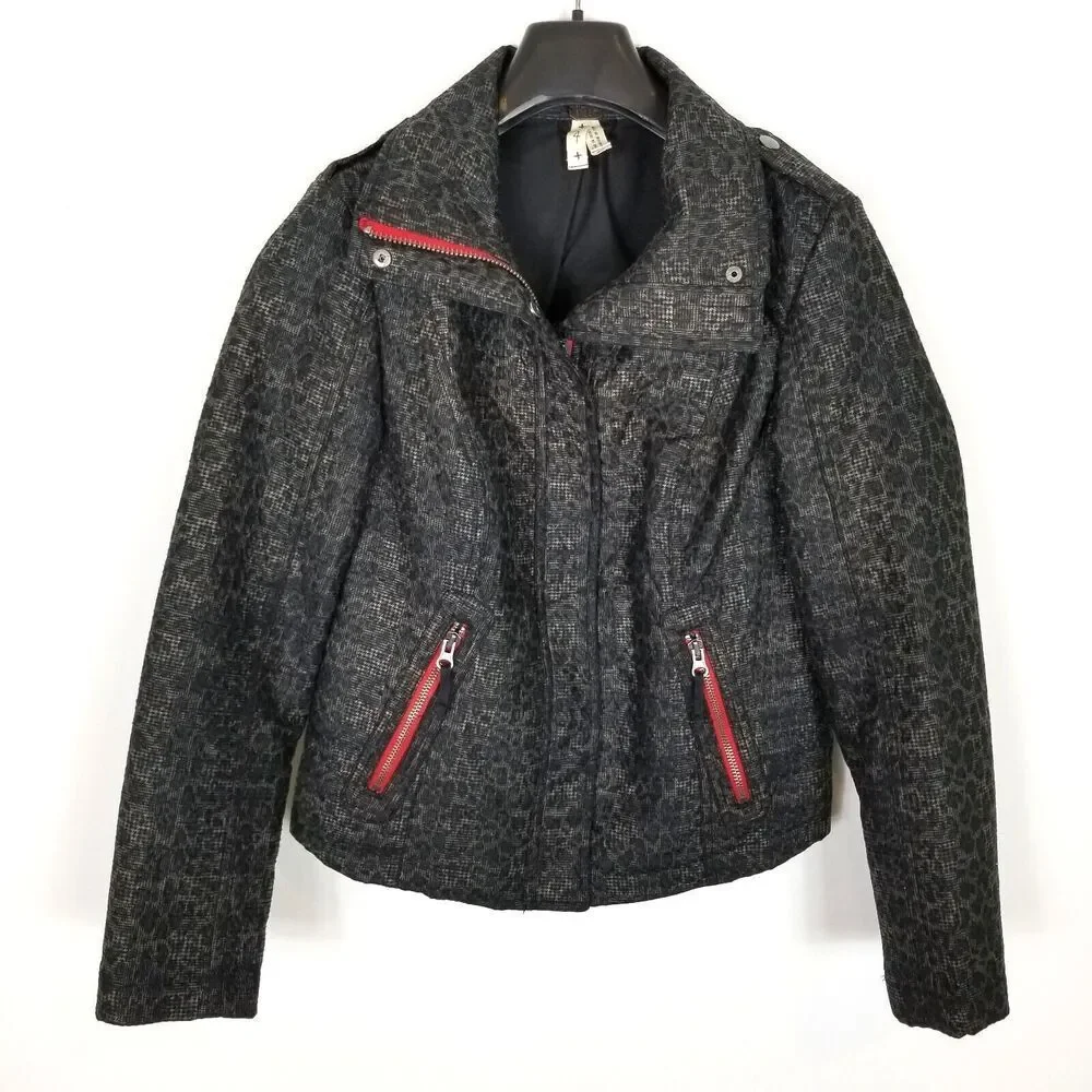 We The Free/ Free People Women Moto Jacket Sz 4 Black Brown‎ Animal Print Boho